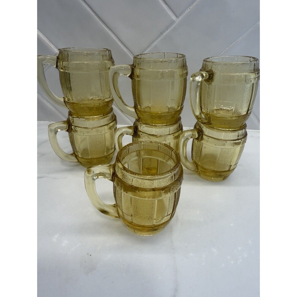 Vintage Amber Glass Barrel Shot Mugs Set of 7 Whiskey Keg Mini Mugs